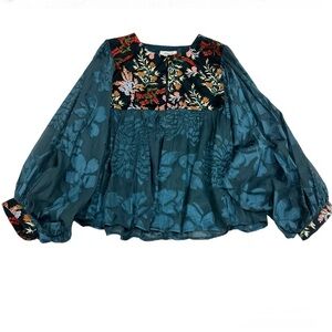 Ania A | Embroidered Floral Blossom Balloon Sleeve Flowy Blouse